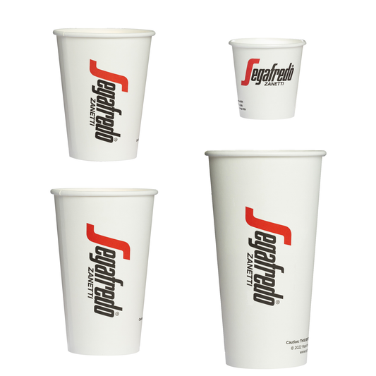 Four different-sized Segafredo Zanetti hot beverage paper cups displayed against a white background.