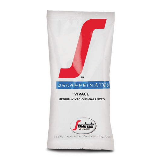 A white coffee package labeled "Segafredo Vivace Decaf Medium Roast, Medium-Vivacious-Balanced, 100% Premium Arabica Coffee" featuring a blend of medium roasted Colombian and Brazilian Arabicas.