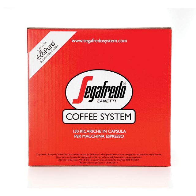 A box of Segafredo Zanetti Caffe Espresso Single-Serve Cartridges, with red packaging and white text, designed for espresso machines.