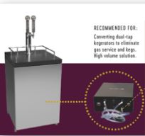Image of a dual-tap kegerator with a recommendation to convert it for Nitro Cold Brew, eliminating gas service and kegs. Includes an inset image of the Quick Connect bag-in-box conversion system from Segafredo Zanetti's Nitro Box. High volume solution.