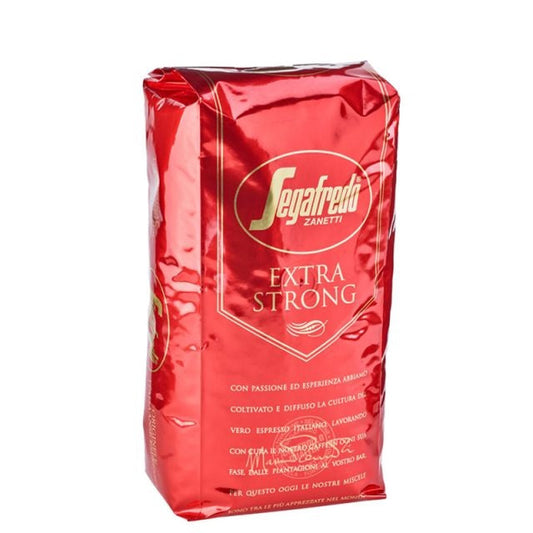 A pack of Segafredo Zanetti Extra Strong Espresso coffee with intense flavor, wrapped in shiny red packaging, displayed upright.