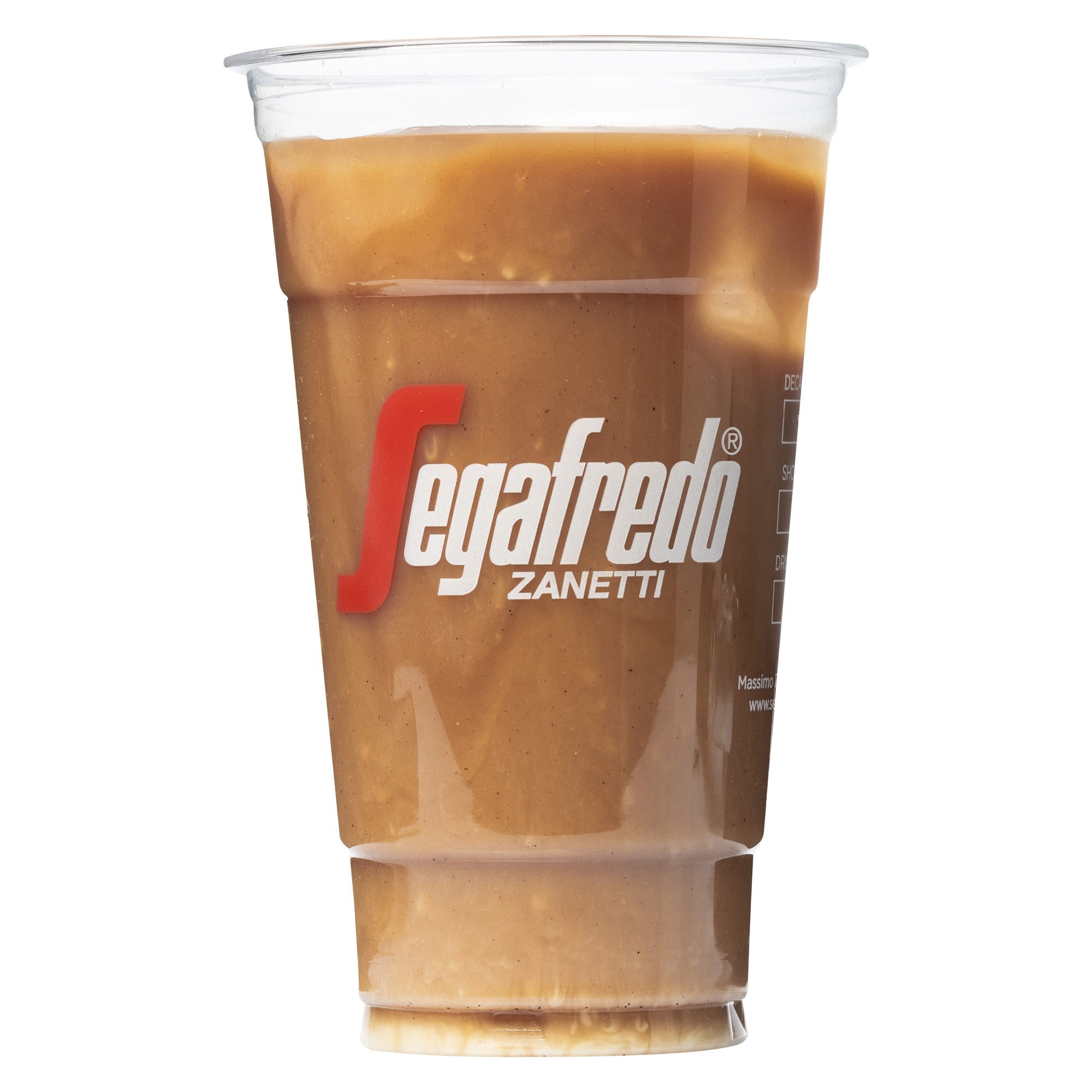 A Segafredo Branded Cold Beverage Clear Cup labeled "Segafredo Zanetti," filled with an iced coffee beverage, perfectly showcases the elegance of Segafredo’s branded cups for those who appreciate refined cold beverages.