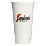 Load image into Gallery viewer, A white takeaway coffee cup with the red and black &quot;Segafredo Zanetti&quot; logo printed on it.
