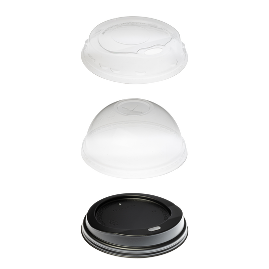 Three clear, plastic lids in a vertical arrangement. The first lid is small and rounded, the second is a clear dome lid, and the third is a larger, flat, dark-colored lid. These are Beverage Lids by Segafredo Zanetti.