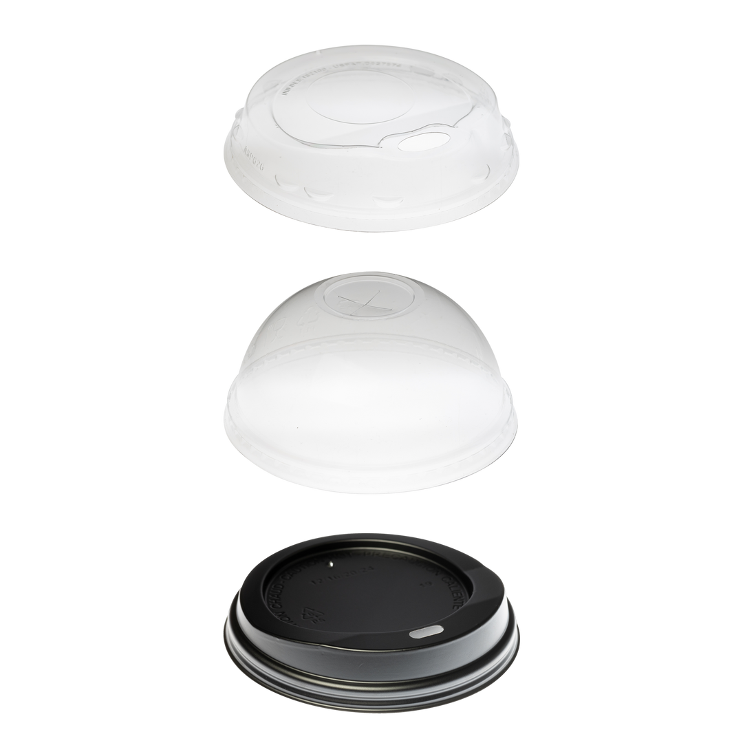 Three clear, plastic lids in a vertical arrangement. The first lid is small and rounded, the second is a clear dome lid, and the third is a larger, flat, dark-colored lid. These are Beverage Lids by Segafredo Zanetti.