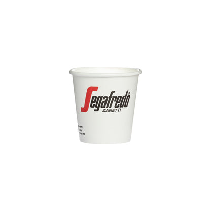 A Segafredo Zanetti branded paper coffee cup with the "segafredo zanetti" logo printed in red and black on the side, ideal for hot beverages, isolated on a white background.