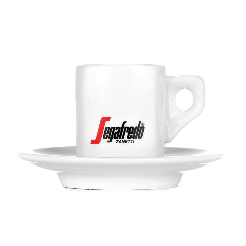 A white Segafredo Zanetti Segafredo Branded Cup and Saucer Set, displaying the logo in red and black text.