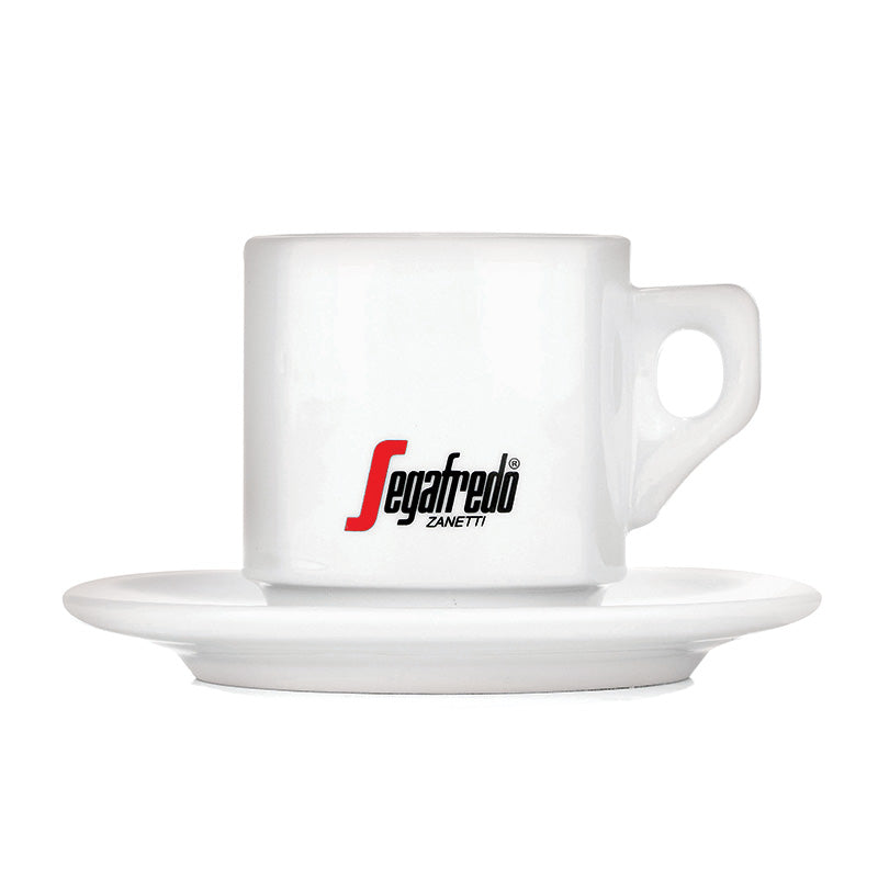 A Segafredo Branded Cup and Saucer Set with the Segafredo Zanetti logo printed on it, placed on a matching white saucer set.