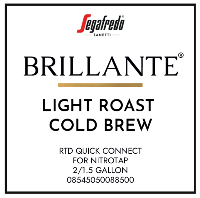 Product label for Segafredo Cold Brew Ready-to-Drink (2) 1.5gal Brillante™ Bag in Box quick connect for Nitrotap, listing contents and product code.