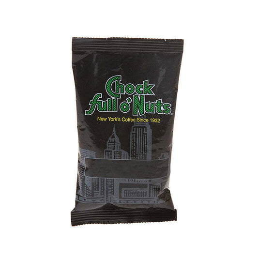 A sealed packet of Chock full o'Nuts UWS European Dark Roast DECAF coffee, featuring a black design with New York City skyline graphics and the slogan "New York's Coffee Since 1932.