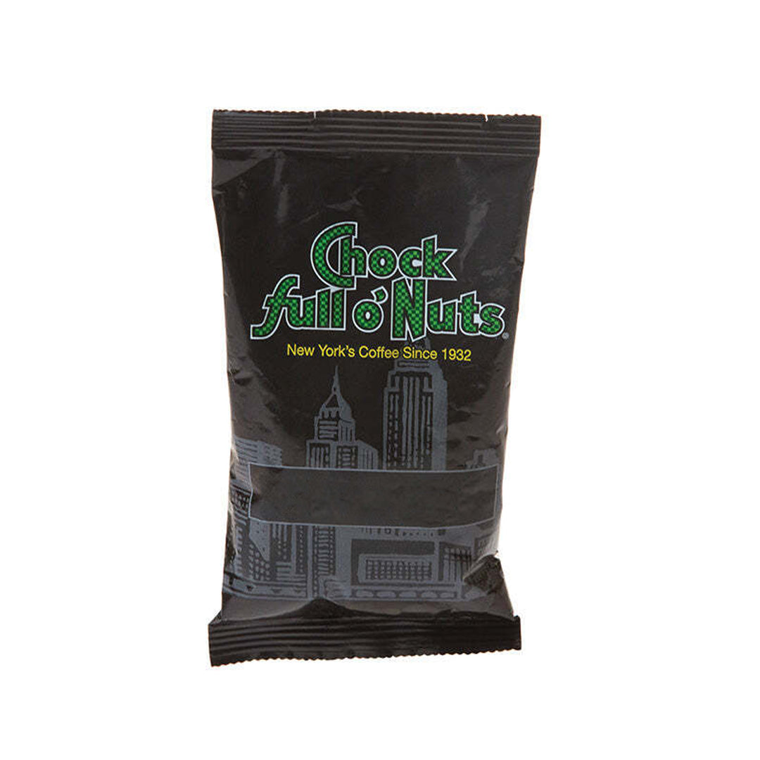 A sealed packet of Chock full o'Nuts UWS European Dark Roast DECAF coffee, featuring a black design with New York City skyline graphics and the slogan "New York's Coffee Since 1932.