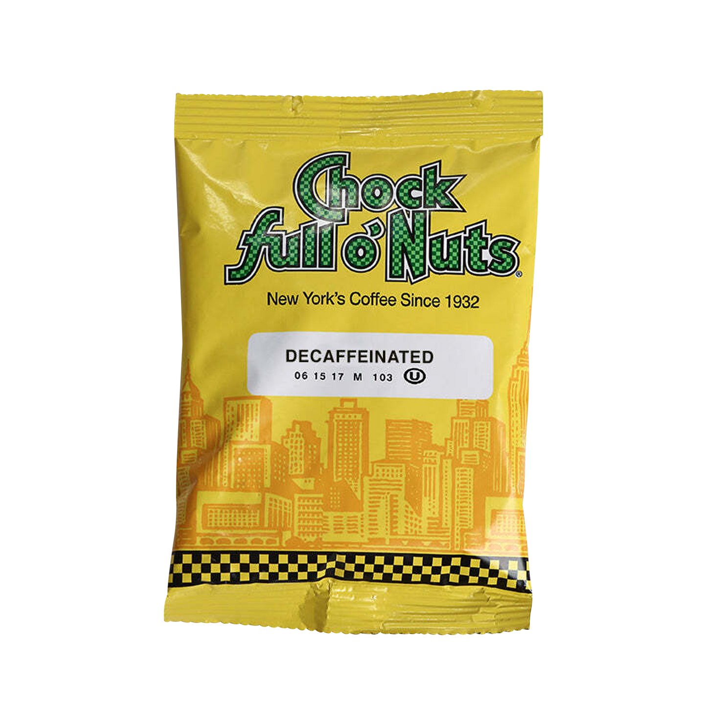 A yellow packet of Chock full o'Nuts Original Decaf with text stating "New York's Coffee Since 1932." The packet features an illustrated city skyline and a checkered border at the bottom.