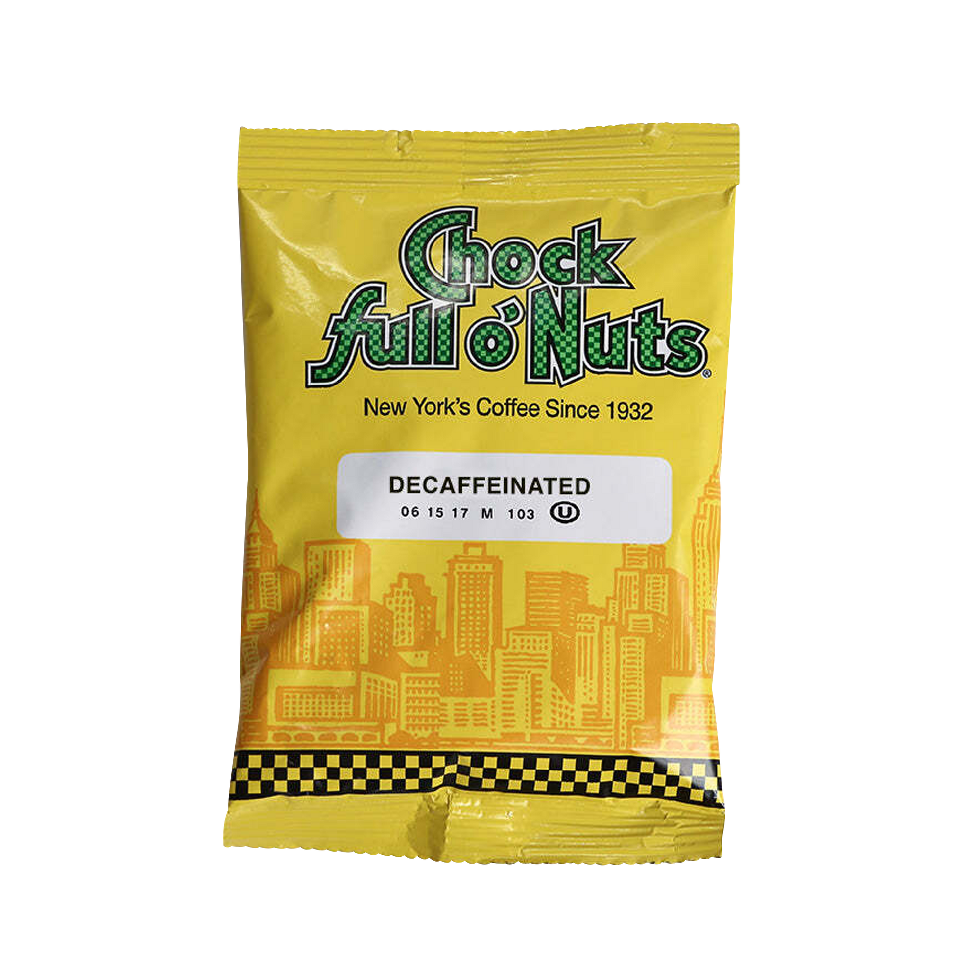 A yellow packet of Chock full o'Nuts Original Decaf with text stating "New York's Coffee Since 1932." The packet features an illustrated city skyline and a checkered border at the bottom.