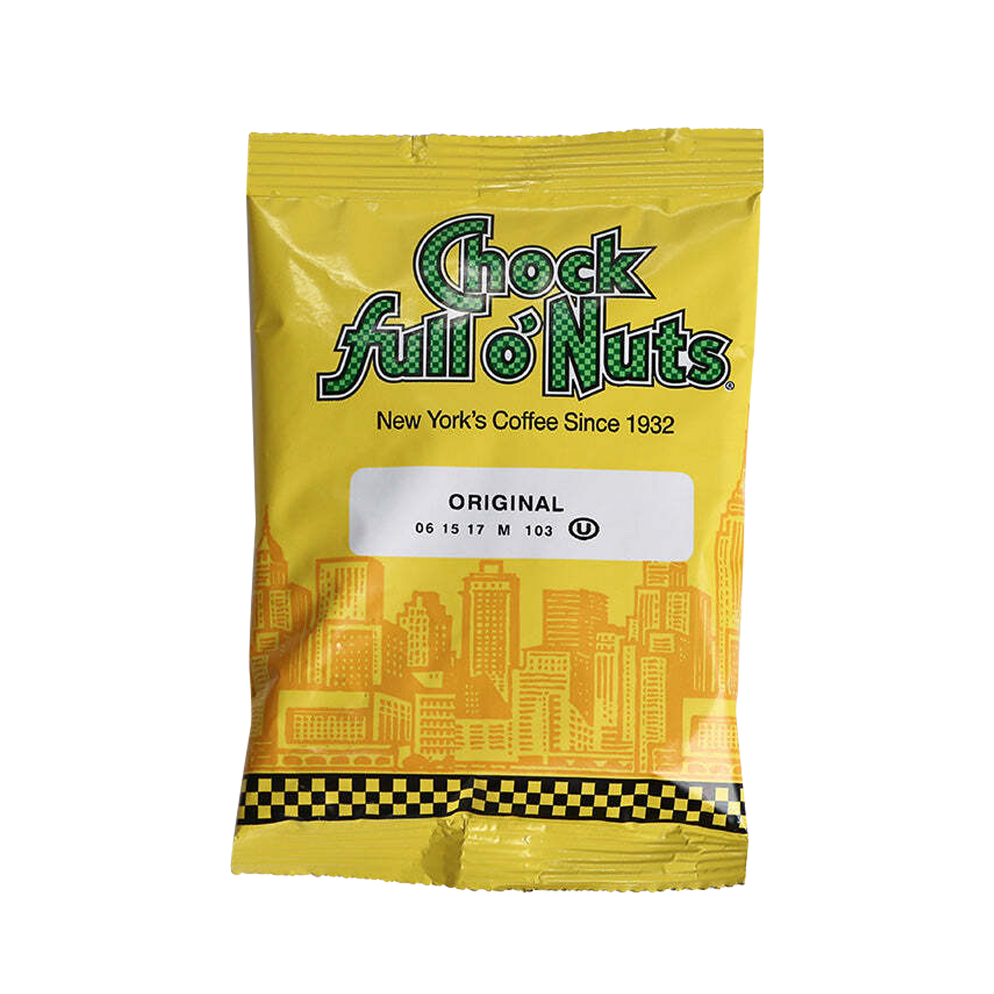 A yellow packet of Chock full o’Nuts® Original Medium Roast coffee with the slogan "New York's Coffee Since 1932" and a city skyline design on the bottom, featuring ground coffee made from 100% premium coffee beans.