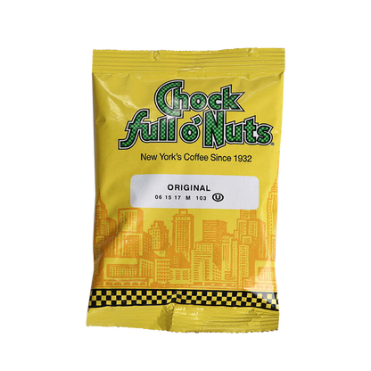A yellow packet of Chock full o’Nuts® Original Medium Roast coffee with the slogan "New York's Coffee Since 1932" and a city skyline design on the bottom, featuring ground coffee made from 100% premium coffee beans.