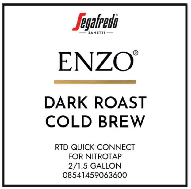 Segafredo Cold Brew Ready-to-Drink (2) 1.5gal Enzo™ Bag in Box dark roast label featuring an RTD quick connect for nitro tap and product barcode.