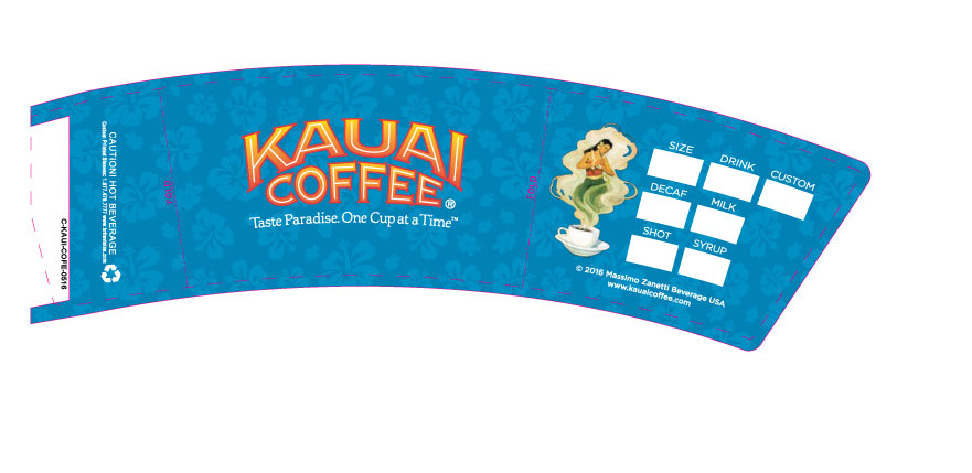 Curved Kauai Coffee Sleeves Cases for Kauai Coffee featuring a floral background with a company logo and customizable drink options like size, decaf, and syrup, available in cases of 1200 sleeves.