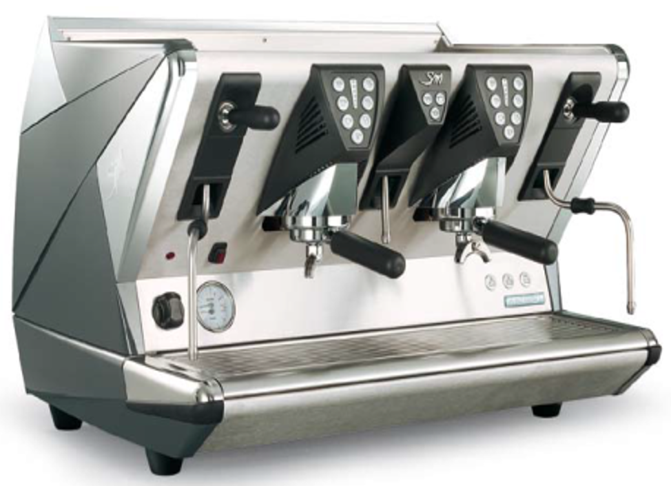 A sleek, stainless steel Segafredo Zanetti La San Marco Espresso Machine, 100E, 2-group with a digital display, multiple buttons, steam wands, and a pressure gauge.