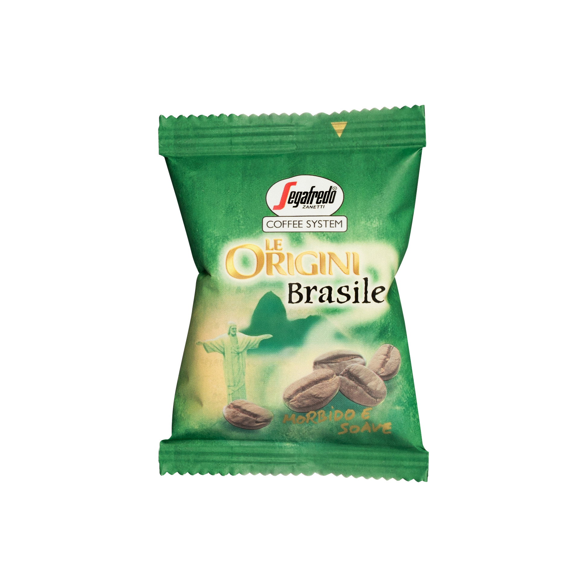 A sealed green packet of "Segafredo Zanetti Brazilian Single Origin Espresso Single-Serve Cartridges" featuring an illustration of coffee beans and the Christ the Redeemer statue, sourced from the Nossa Senhora da Guia plantation. Perfect for brewing with your Segafredo Espresso 1 Brewer.