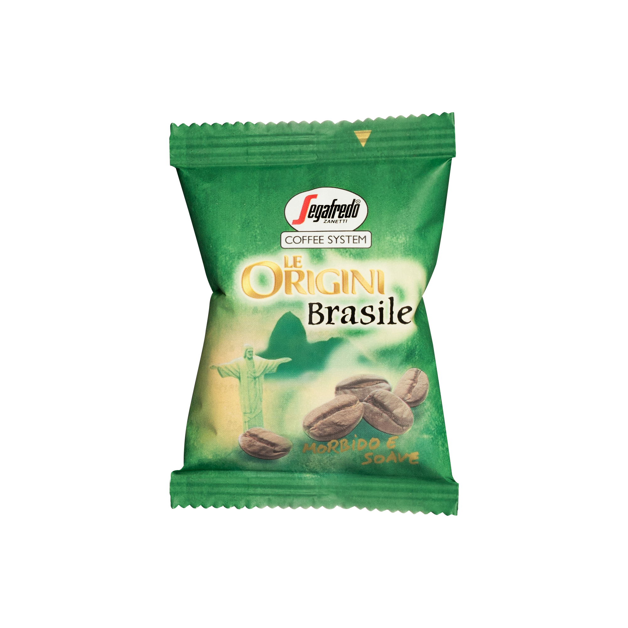 A sealed green packet of "Segafredo Zanetti Brazilian Single Origin Espresso Single-Serve Cartridges" featuring an illustration of coffee beans and the Christ the Redeemer statue, sourced from the Nossa Senhora da Guia plantation. Perfect for brewing with your Segafredo Espresso 1 Brewer.