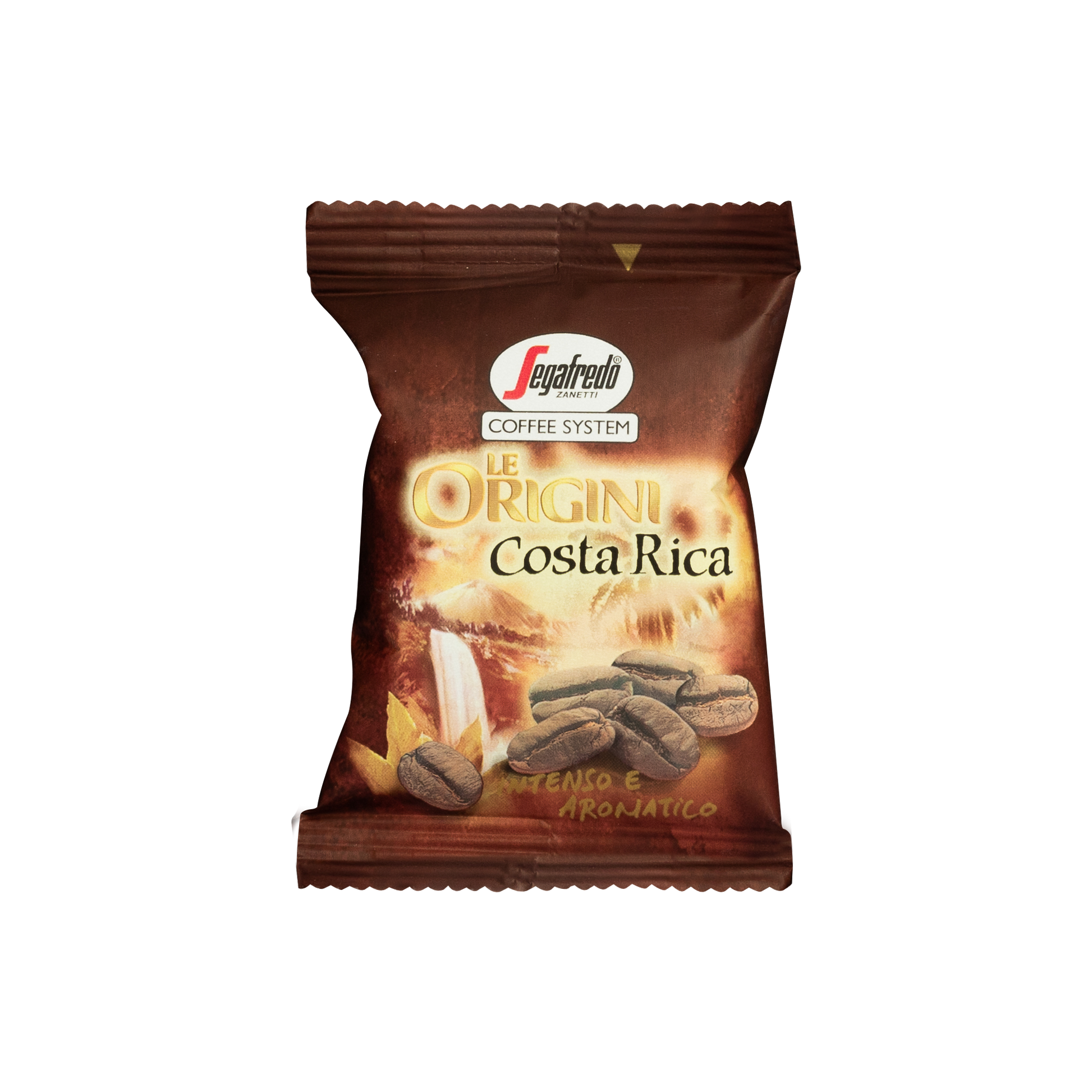 A small brown packet of Segafredo Zanetti coffee labeled "Segafredo Costa Rica Single Origin Espresso Single-Serve Cartridges," perfect for a Costa Rica Single Origin Espresso, displaying whole coffee beans and text describing it as "Intenso e Aromatico" with a fruity and long-lasting flavor.