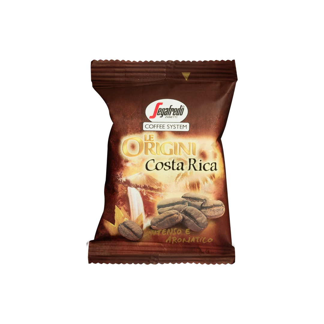 A small brown packet of Segafredo Zanetti coffee labeled "Segafredo Costa Rica Single Origin Espresso Single-Serve Cartridges," perfect for a Costa Rica Single Origin Espresso, displaying whole coffee beans and text describing it as "Intenso e Aromatico" with a fruity and long-lasting flavor.