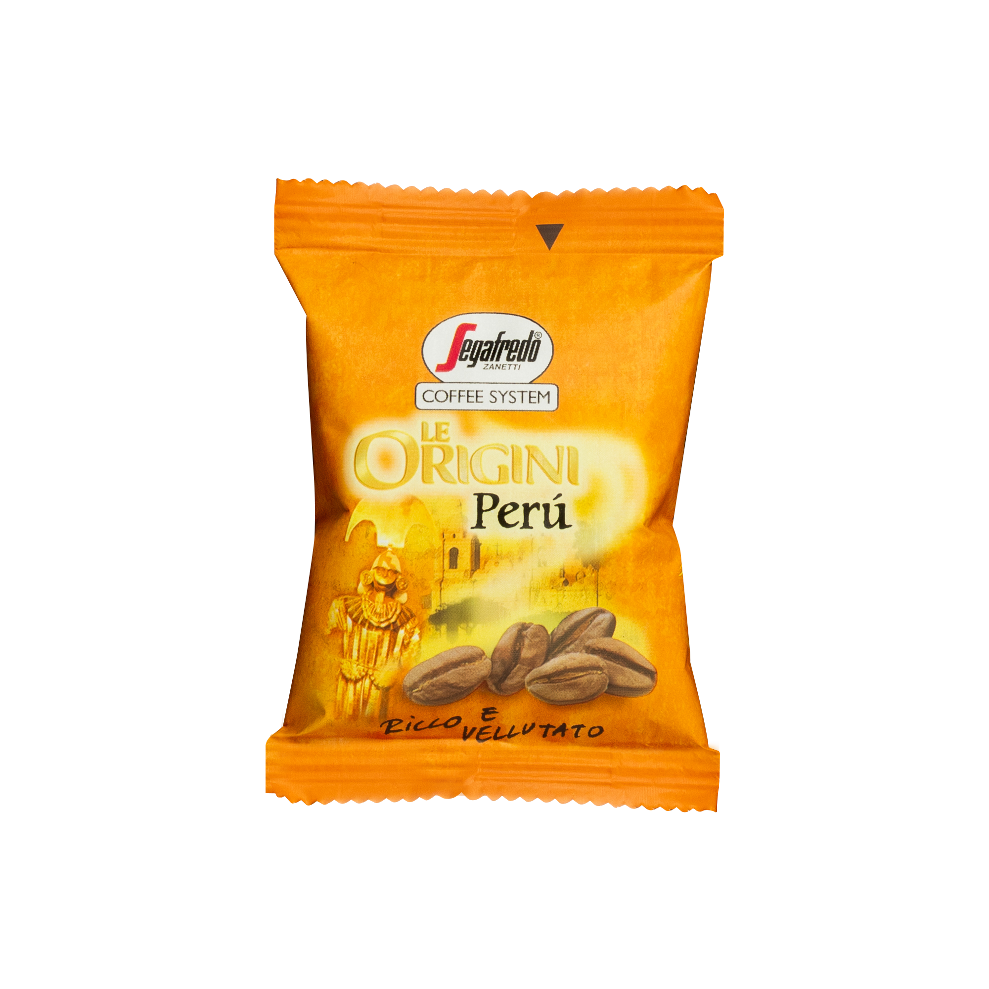 A packet of Segafredo Zanetti's Segafredo Peru Single Origin Espresso Single-Serve Cartridges, featuring single origin espresso. The orange package showcases coffee beans and an illustration related to Peru with delightful chocolate tones.