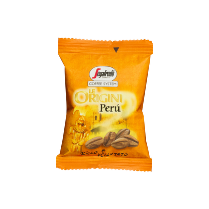 A packet of Segafredo Zanetti's Segafredo Peru Single Origin Espresso Single-Serve Cartridges, featuring single origin espresso. The orange package showcases coffee beans and an illustration related to Peru with delightful chocolate tones.
