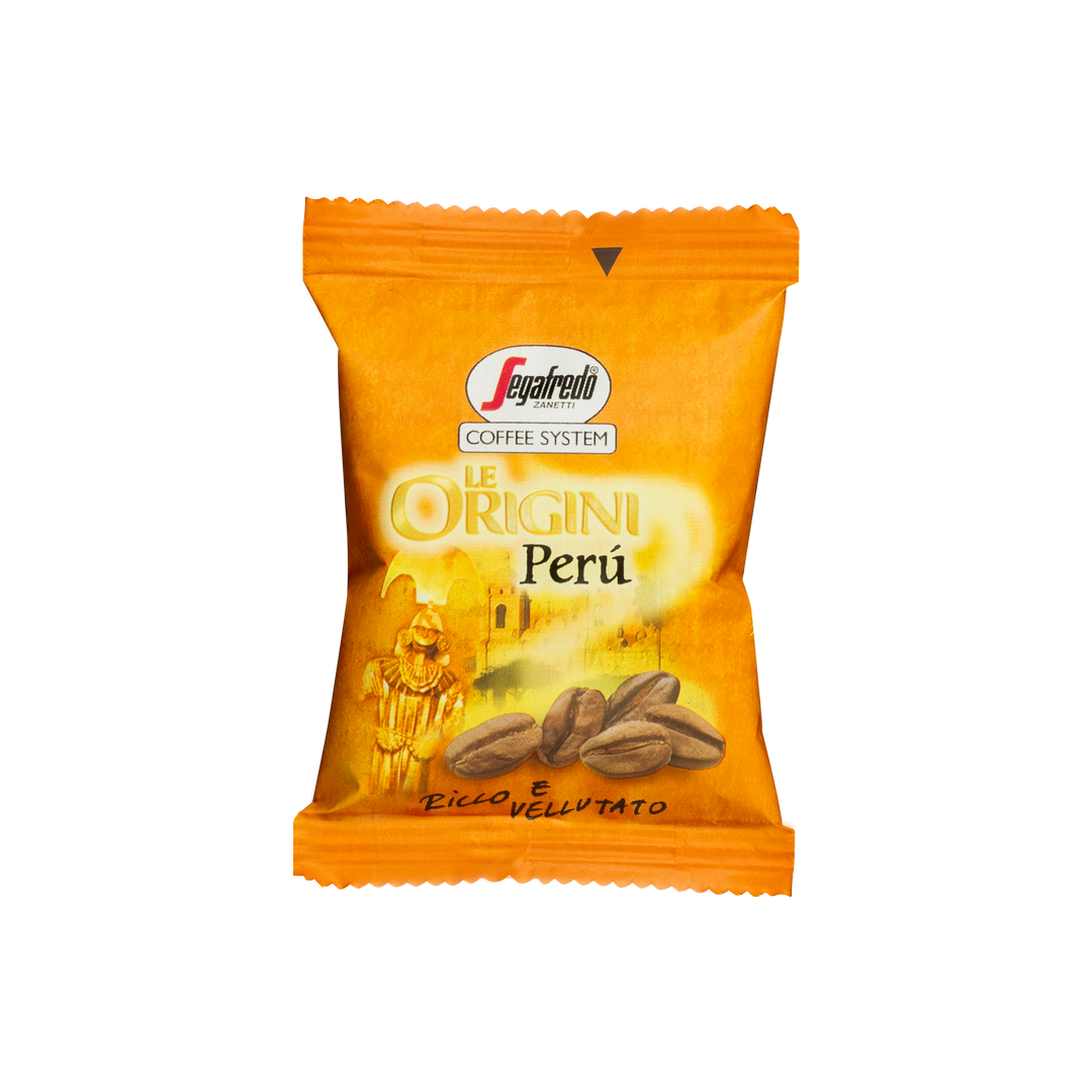 A packet of Segafredo Zanetti's Segafredo Peru Single Origin Espresso Single-Serve Cartridges, featuring single origin espresso. The orange package showcases coffee beans and an illustration related to Peru with delightful chocolate tones.