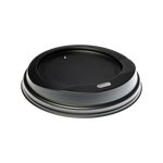 Load image into Gallery viewer, A black plastic coffee cup lid with a small drinking hole and an embossed circular design in the center, resembling the sleek design found in Segafredo Zanetti Beverage Lids.
