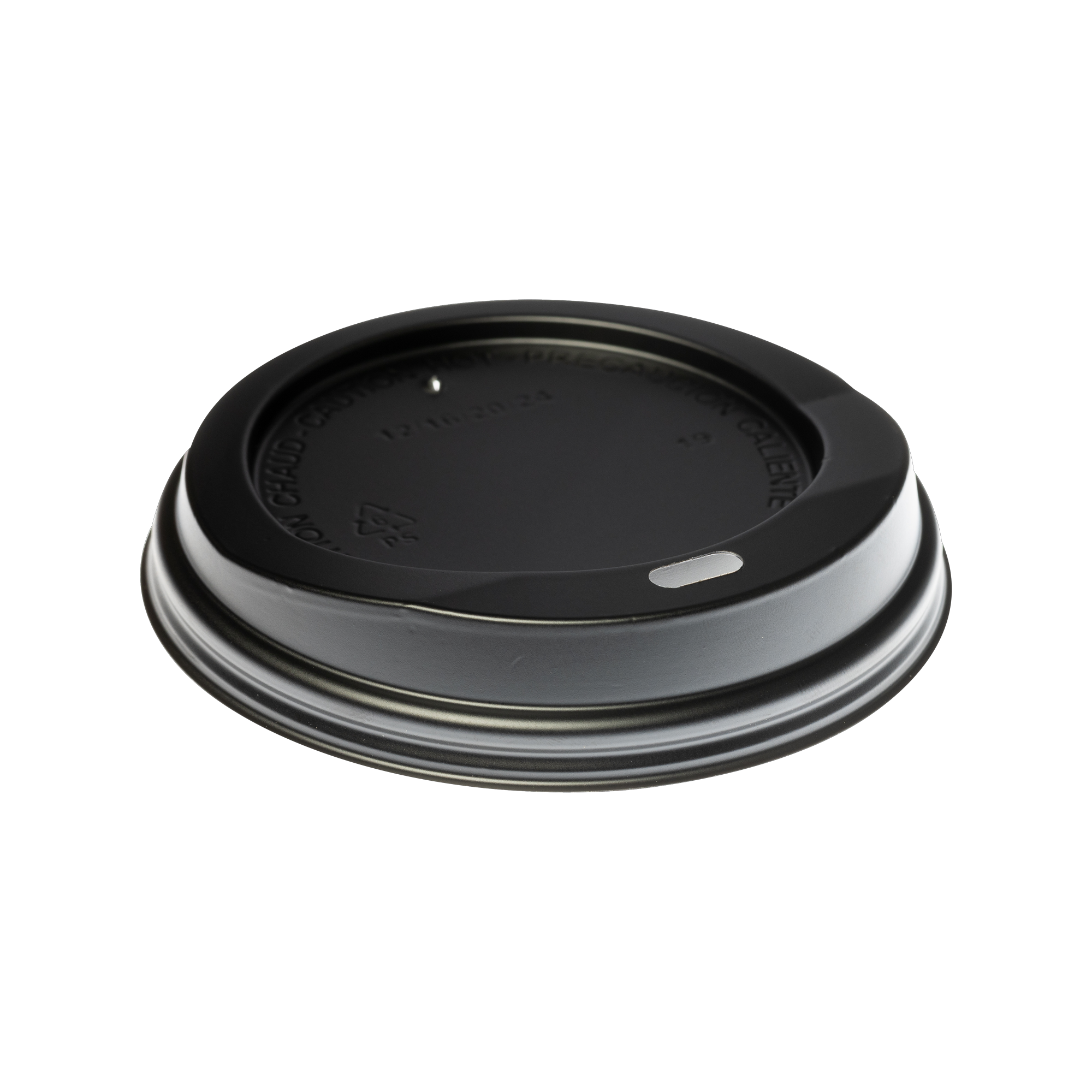 A black plastic coffee cup lid with a small drinking hole and an embossed circular design in the center, resembling the sleek design found in Segafredo Zanetti Beverage Lids.