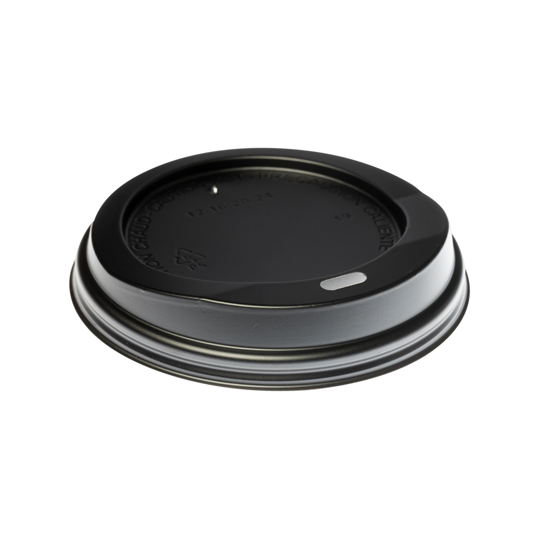 A black plastic coffee cup lid with a small drinking hole and an embossed circular design in the center, resembling the sleek design found in Segafredo Zanetti Beverage Lids.