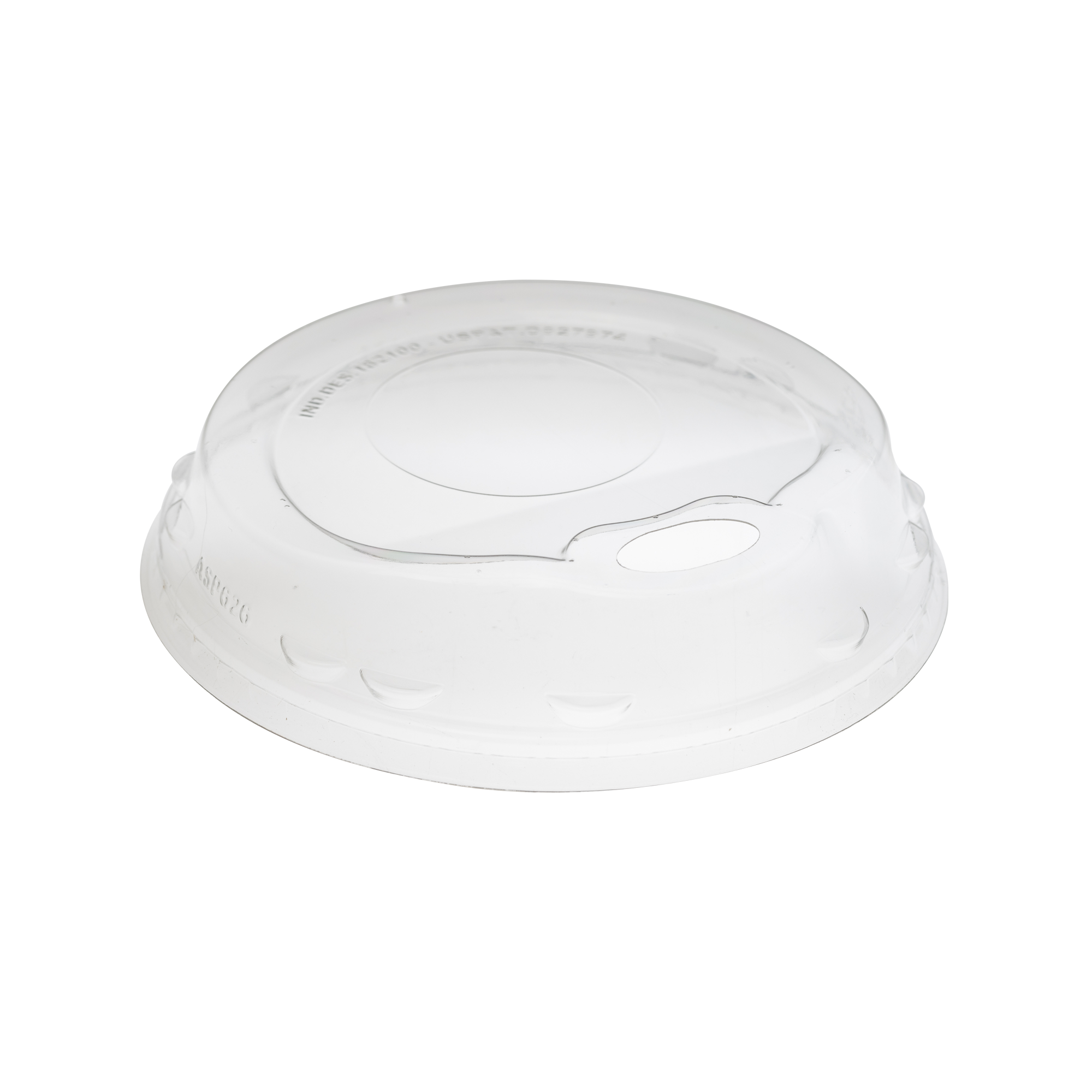 Clear plastic lid with a circular-shaped center, small hole for sipping, and small tab indentations along the edges, designed to cover a beverage cup. These Beverage Lids by Segafredo Zanetti offer convenience while ensuring your drink stays secure.