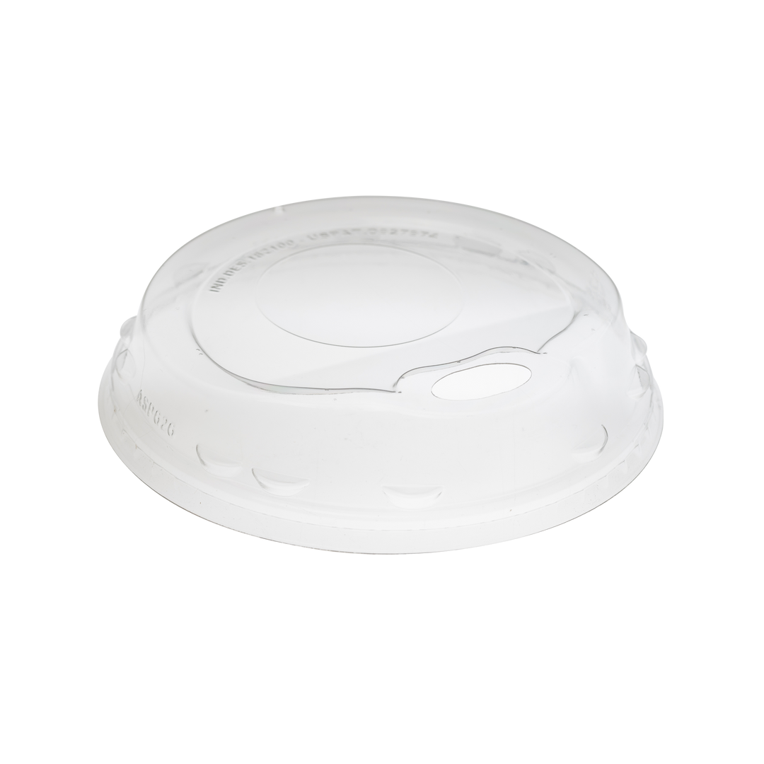 Clear plastic lid with a circular-shaped center, small hole for sipping, and small tab indentations along the edges, designed to cover a beverage cup. These Beverage Lids by Segafredo Zanetti offer convenience while ensuring your drink stays secure.
