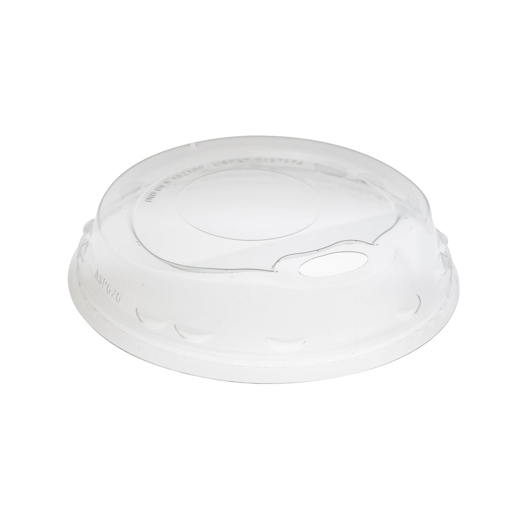 A clear plastic lid with a small drinking hole, reminiscent of a clear dome lid, designed for covering beverage cups: Beverage Lids by Segafredo Zanetti.