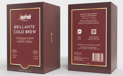 Two boxes of Segafredo Brillante™ Cold Brew Ready-to-Drink - 2gal (New Box Design) by Segafredo Zanetti, showcasing front and back packaging, product details, and ingredients. Made with Rainforest Alliance Certified Colombian coffee.