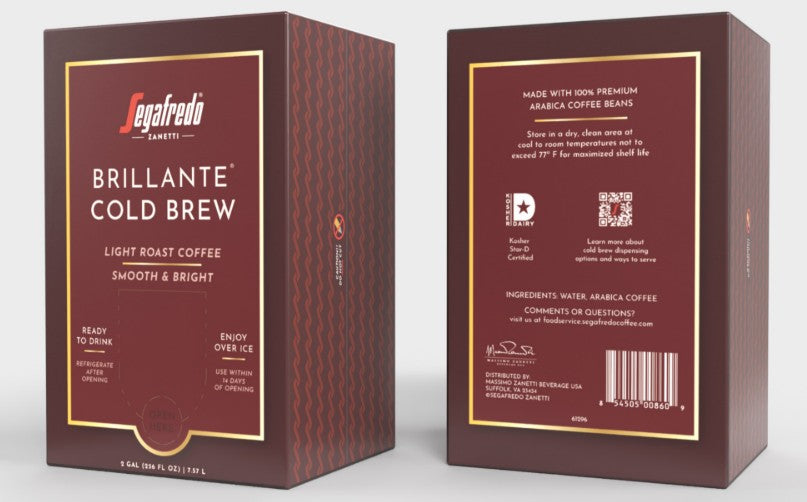 Two boxes of Segafredo Brillante™ Cold Brew Ready-to-Drink - 2gal (New Box Design) by Segafredo Zanetti, showcasing front and back packaging, product details, and ingredients. Made with Rainforest Alliance Certified Colombian coffee.