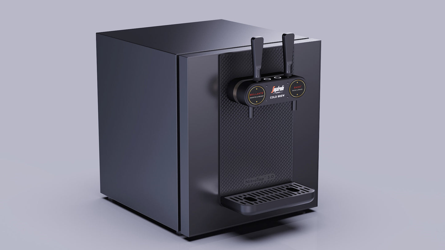 The Nitro Tap by Segafredo Zanetti is a black cold brew dispenser with two spouts, digital temperature displays, and a drip tray, shown against a light gray background.
