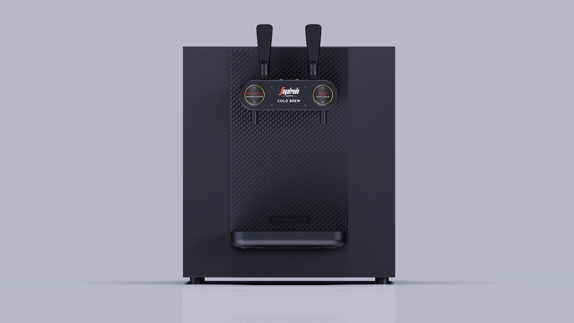 The Nitro Tap by Segafredo Zanetti is a black, box-shaped nitro cold brew dispenser featuring two levers and round front gauges, shown against a plain light gray background.