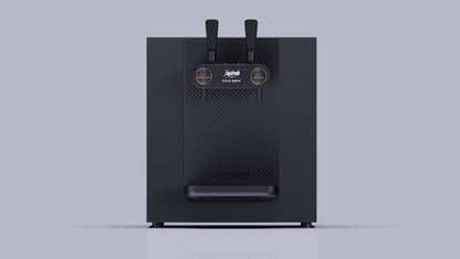 The Nitro Tap by Segafredo Zanetti is a black, box-shaped nitro cold brew dispenser featuring two levers and round front gauges, shown against a plain light gray background.