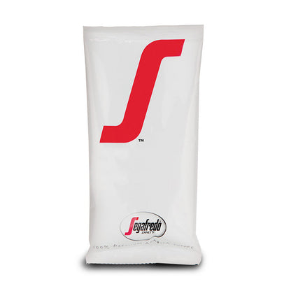 White coffee bag with a red 's' logo and the Segafredo Zanetti brand name on it, indicating it contains Segafredo Montagna Dark Roast premium dark roasted Arabica coffee.