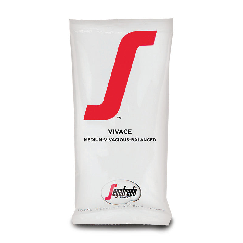 A white coffee packet labeled "Segafredo Vivace Medium Roast" with a red "S" logo and "Segafredo Zanetti" branding at the bottom, featuring a blend of Brazilian Arabicas for a rich, vibrant flavor.