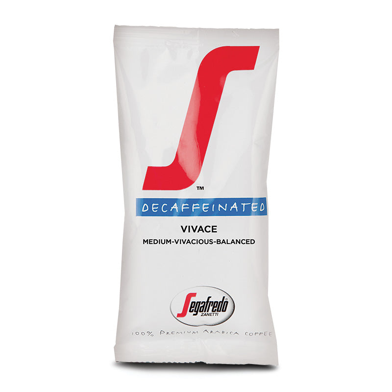 A white coffee package labeled "Segafredo Vivace Decaf Medium Roast, Medium-Vivacious-Balanced, 100% Premium Arabica Coffee" featuring a blend of medium roasted Colombian and Brazilian Arabicas.