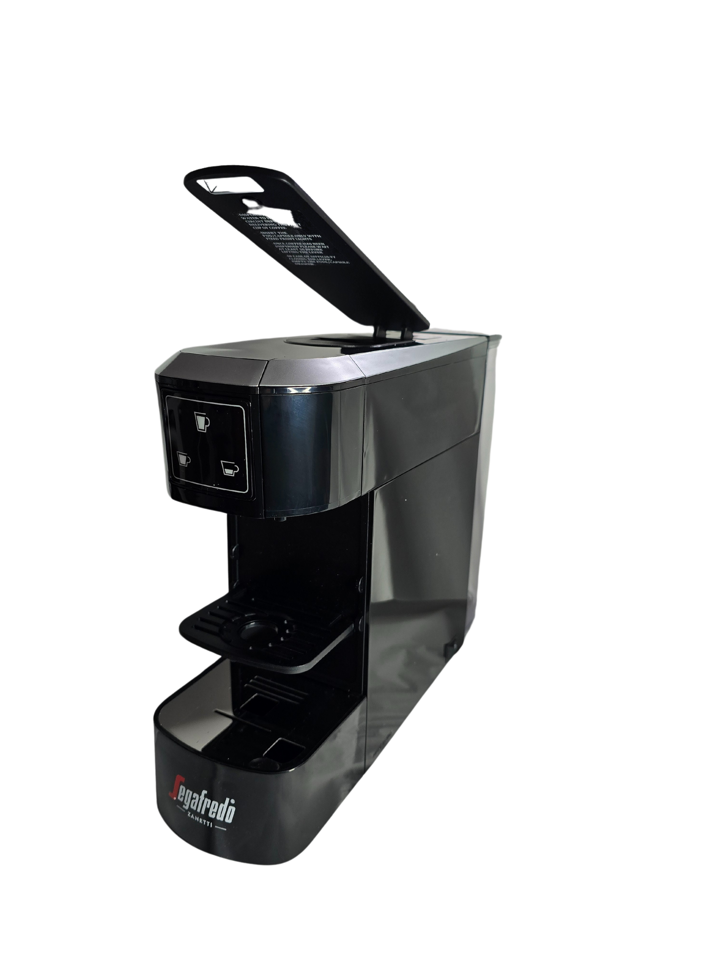 The Segafredo Zanetti® Sky Extra Espresso Capsule Machine is black with an open top lid, cup buttons, and a drip tray.