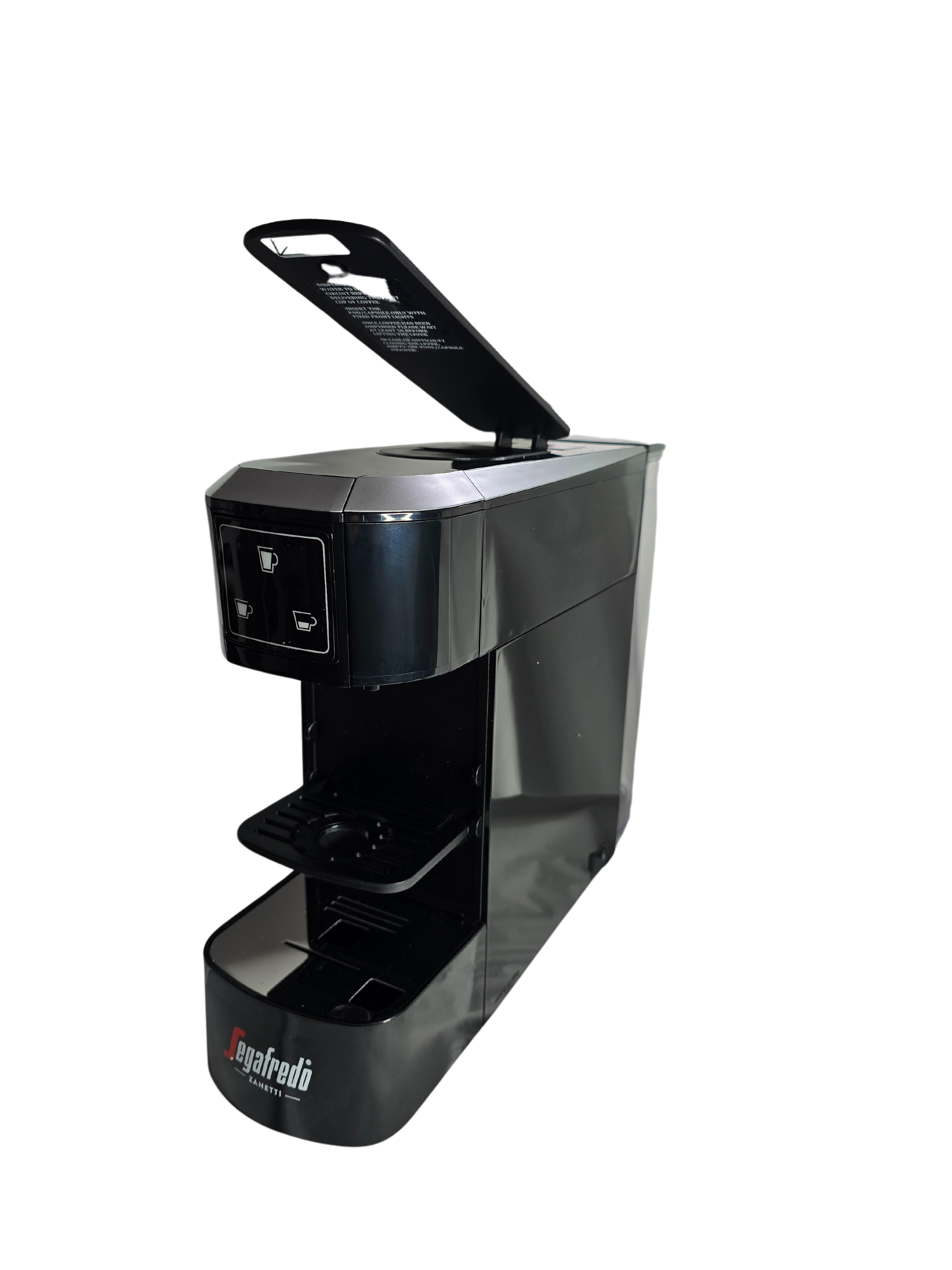 The Segafredo Zanetti® Sky Extra Espresso Capsule Machine is black with an open top lid, cup buttons, and a drip tray.