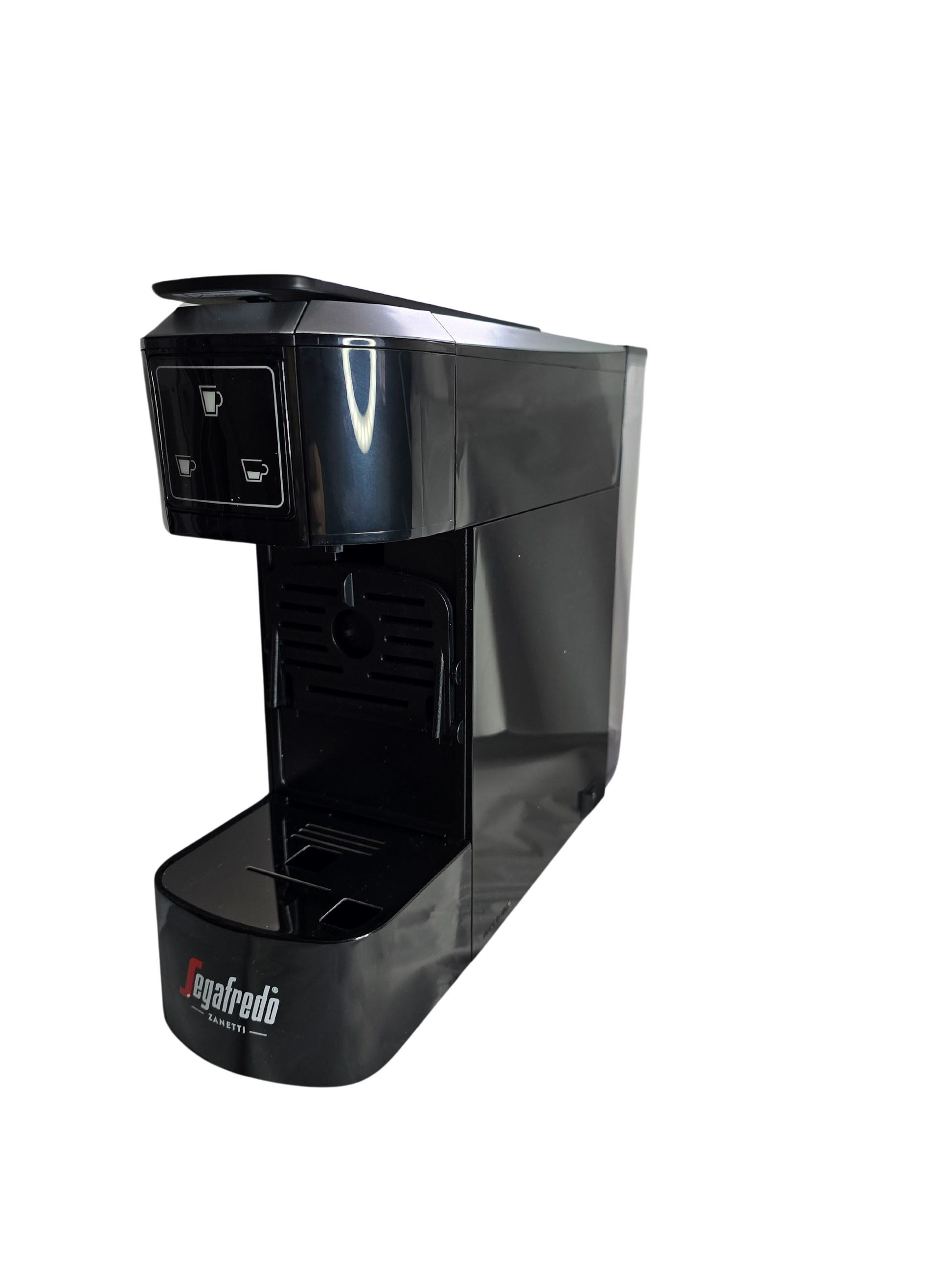 A Segafredo Zanetti® Contracted Sky Extra Espresso Capsule Machine in black, featuring dual cup size buttons, photographed against a plain background.