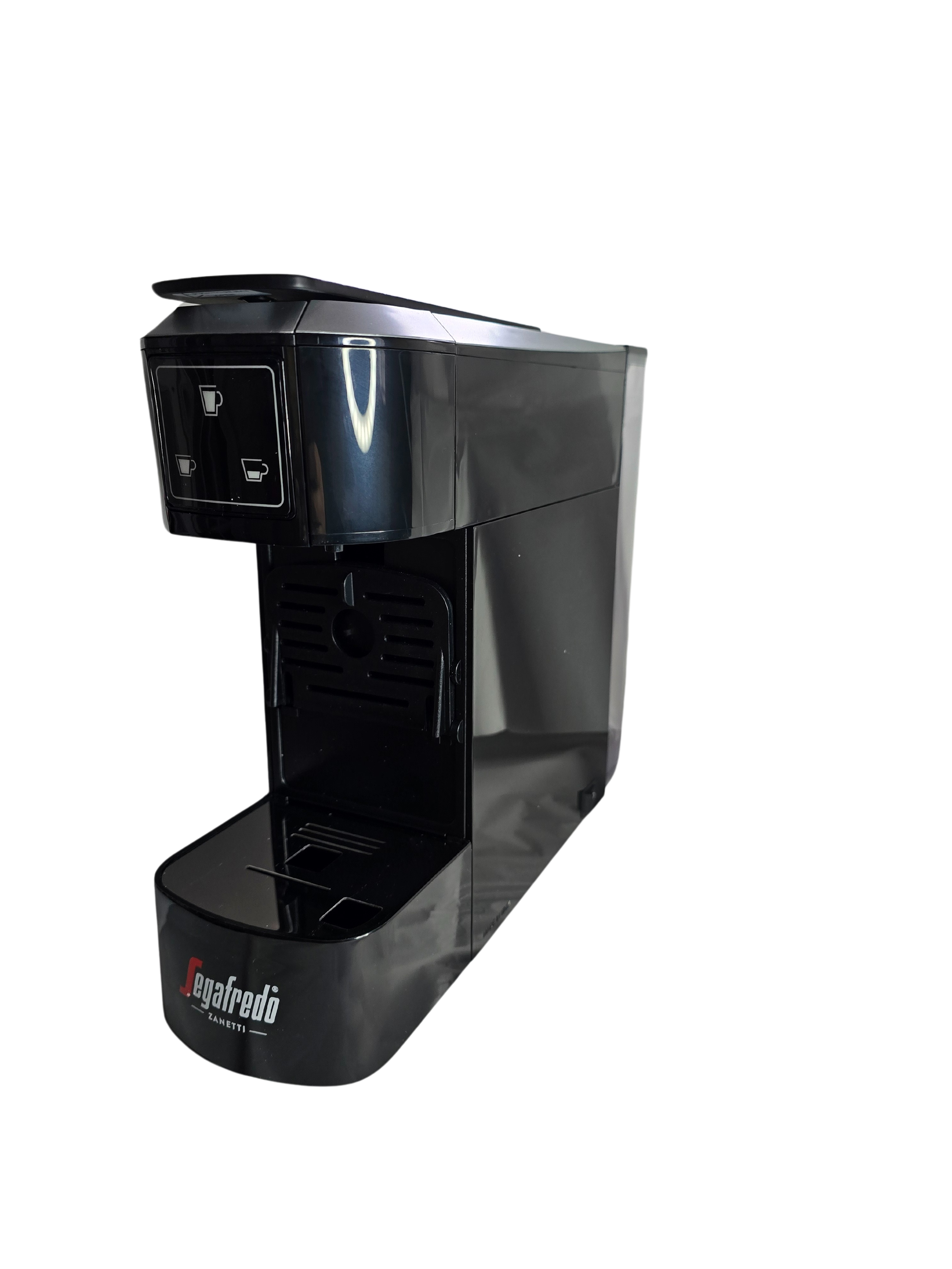A Segafredo Zanetti® Contracted Sky Extra Espresso Capsule Machine in black, featuring dual cup size buttons, photographed against a plain background.