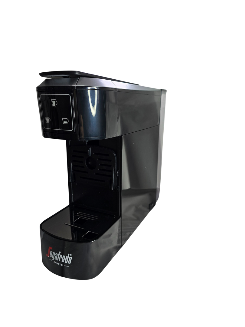 A Segafredo Zanetti® Contracted Sky Extra Espresso Capsule Machine in black, featuring dual cup size buttons, photographed against a plain background.