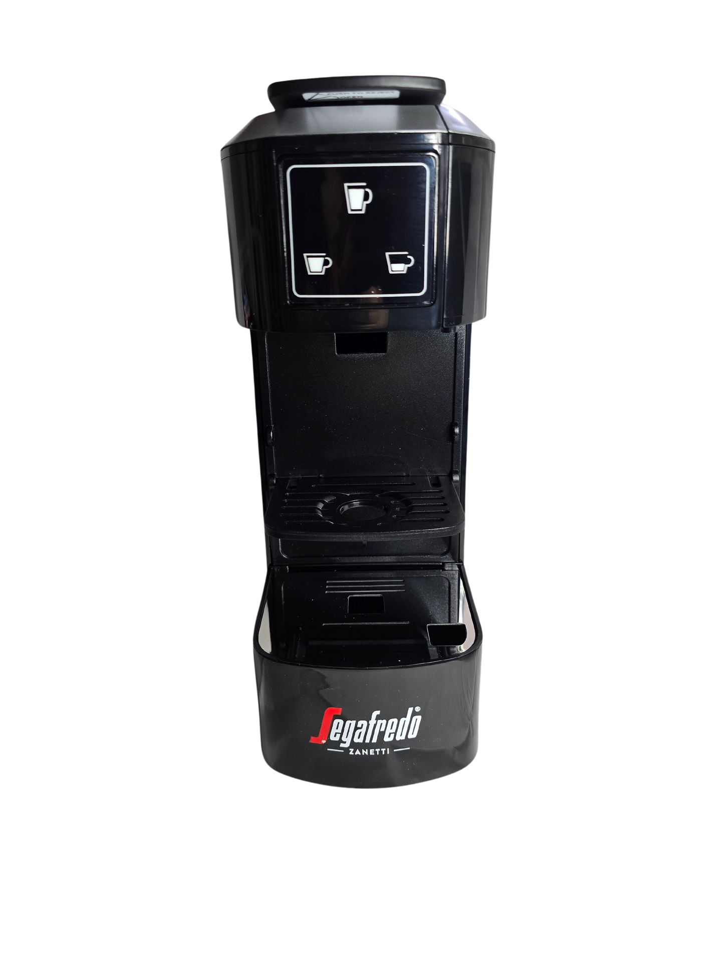 A black Segafredo Zanetti® Contracted Sky Extra Espresso Capsule Machine, viewed from the front, featuring two drink size selection buttons.