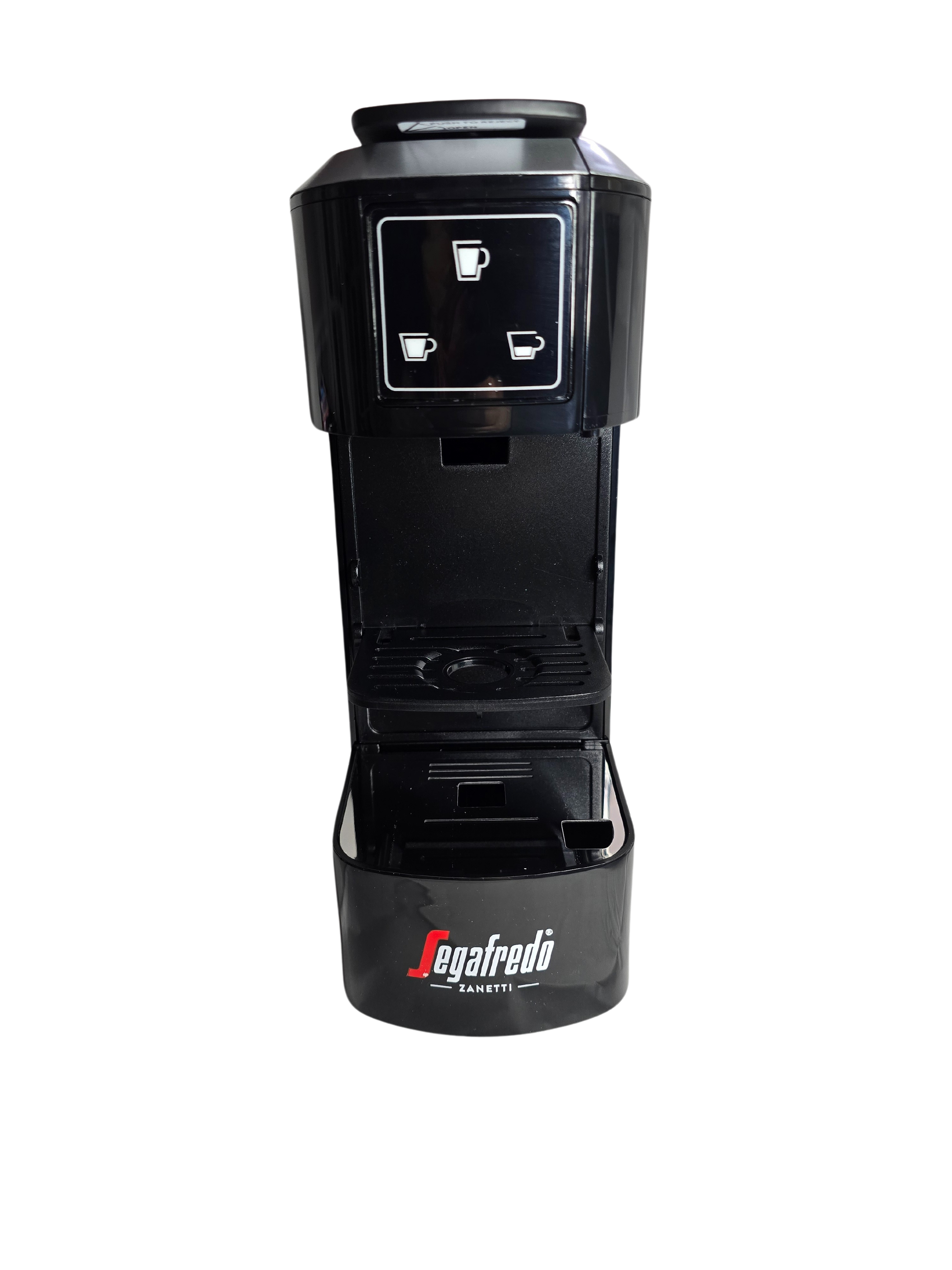 A black Segafredo Zanetti® Contracted Sky Extra Espresso Capsule Machine, viewed from the front, featuring two drink size selection buttons.